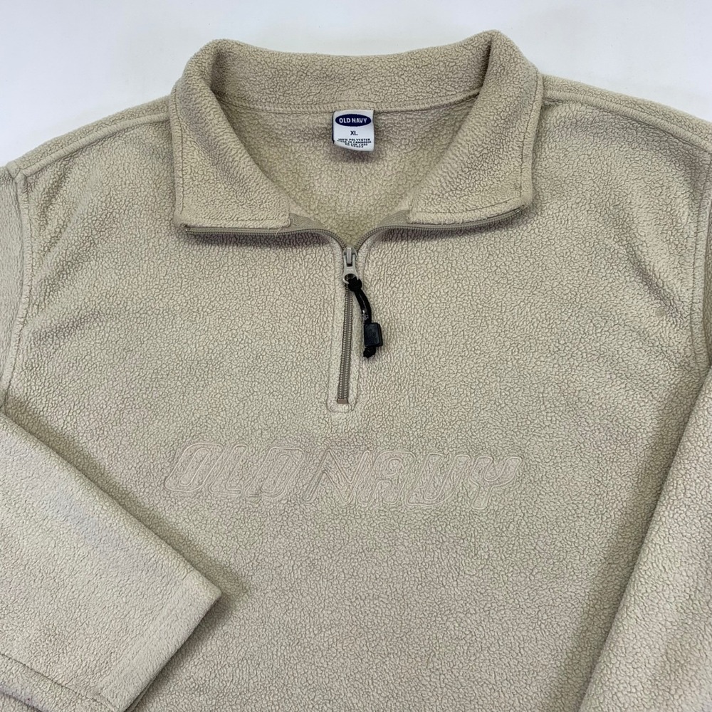 Y2k Old Navy 1/4 Zip Fleece Pullover XL Embroidered Spellout Sweater Cream Golf